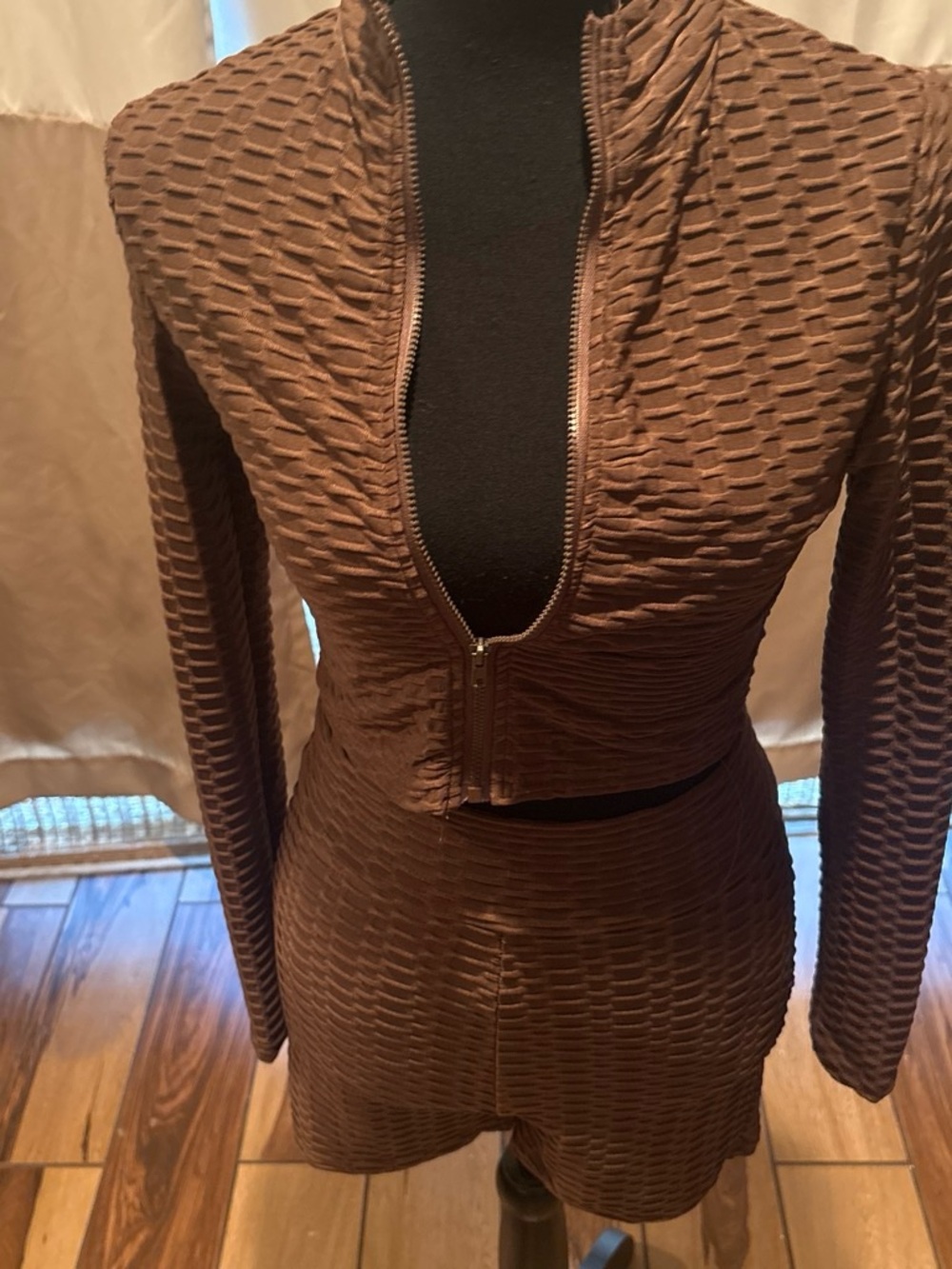 Textured Brown Long-Sleeve Zip top and matching shorts.